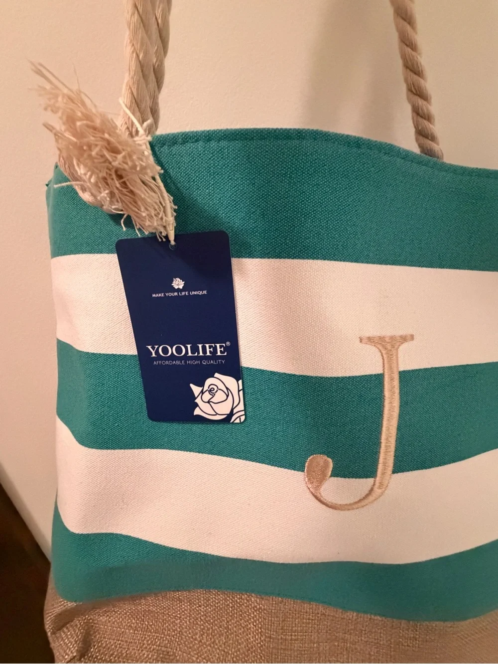 Embroidered 'J' Monogram Teal & White Striped Beach Bag with Clutch